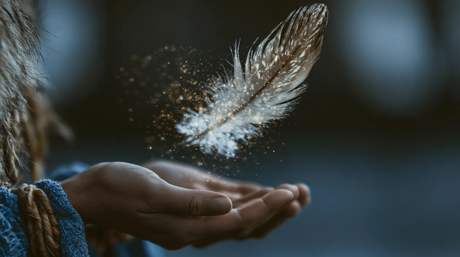 A single feather resting in an open, upturned hand